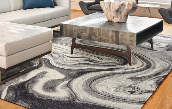 HomeRoots 5' Ivory Black and Gray Abstract Area Rug – Stylish, Durable, Stain-Resistant for Modern Homes 5' X 8' 375611