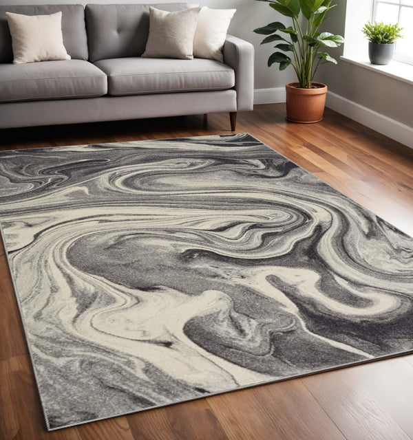 HomeRoots 5' Ivory Black and Gray Abstract Area Rug – Stylish, Durable, Stain-Resistant for Modern Homes 5' X 8' 375611