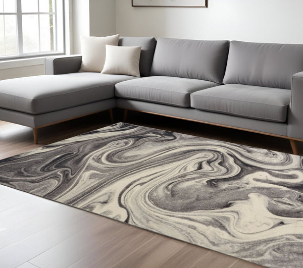 HomeRoots 8' Modern Abstract Shag Area Rug in Ivory, Black & Gray - Plush Comfort for Stylish Living Spaces 8' X 10' 375613