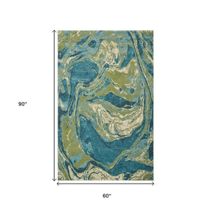 HomeRoots 5' Teal and Beige Abstract Area Rug - Modern Design, Plush Comfort, Stain-Resistant for Busy Homes 5' X 7' 375615