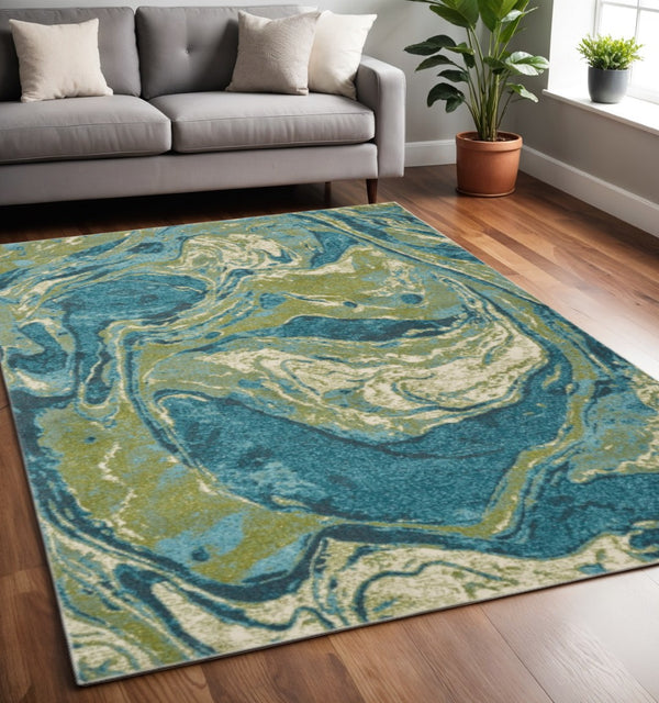 HomeRoots 5' Teal and Beige Abstract Area Rug - Modern Design, Plush Comfort, Stain-Resistant for Busy Homes 5' X 7' 375615