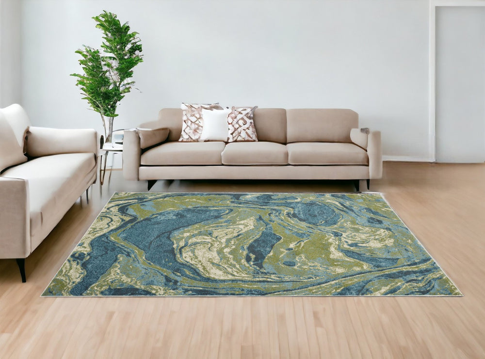 HomeRoots 7' Teal Blue Marble Indoor Area Rug - Vibrant Abstract Design for Modern Living Spaces & Easy Care 7' X 10' 375616