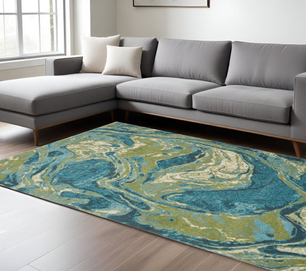 HomeRoots 8' Abstract Teal and Beige Shag Area Rug - Plush, Modern Design for Comfort and Style in Any Space 8' X 10' 375617