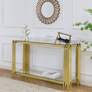 English Elm Glass Top Console Table Gold Metal Frame Narrow Entryway Sofa Hall Display W1567110863