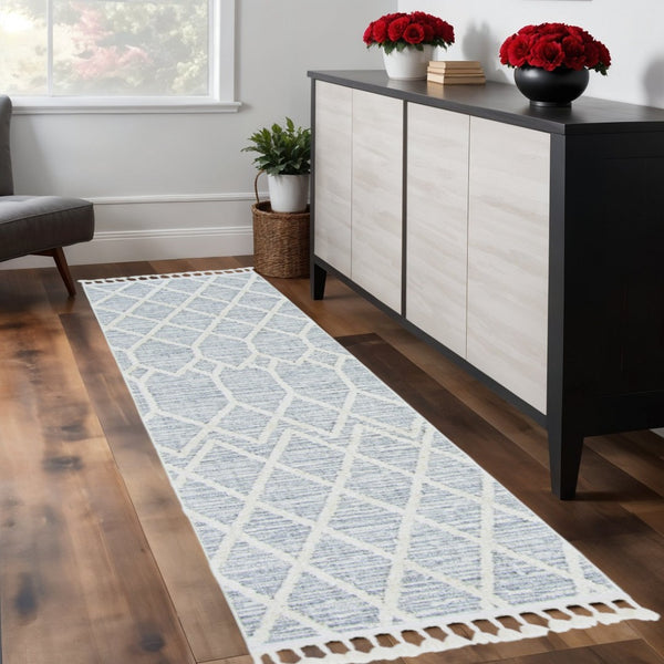 HomeRoots 12' Gray and Ivory Geometric Area Rug - Modern Design for Living Rooms, Durable Polyester, Easy Care 8" Runner 375671