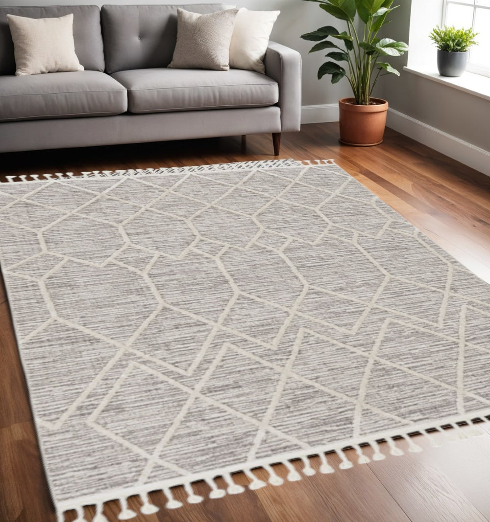 HomeRoots 12' Gray and Ivory Geometric Area Rug - Modern Design for Living Rooms, Durable Polyester, Easy Care 5' X 8' 375673