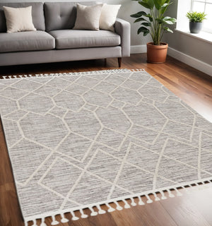 HomeRoots 12' Gray and Ivory Geometric Area Rug - Modern Design for Living Rooms, Durable Polyester, Easy Care 5' X 8' 375673