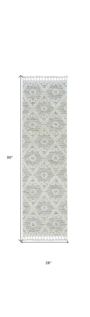 HomeRoots 12' Ivory Beige Area Rug - Contemporary Geometric Design, Durable Polyester for Living Spaces Elegance 8" Runner 375677