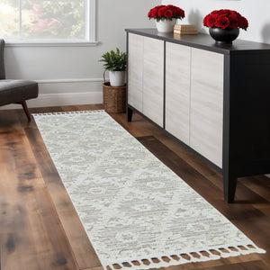 HomeRoots 12' Ivory Beige Area Rug - Contemporary Geometric Design, Durable Polyester for Living Spaces Elegance 8" Runner 375677