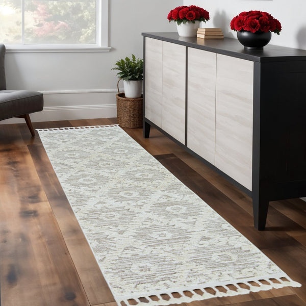 HomeRoots 12' Ivory Beige Area Rug - Contemporary Geometric Design, Durable Polyester for Living Spaces Elegance 8" Runner 375677