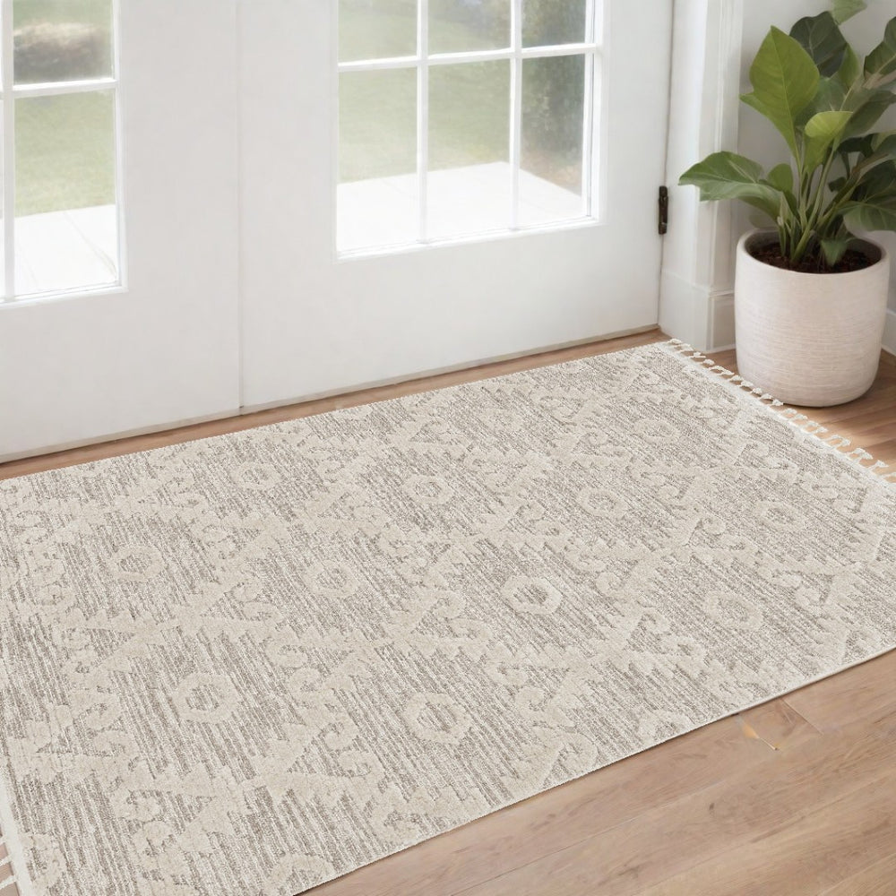 HomeRoots 12' Ivory Beige Area Rug - Contemporary Geometric Design, Durable Polyester for Living Spaces Elegance 3' X 5' 375678