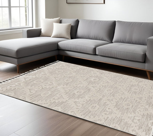 HomeRoots 12' Ivory Beige Area Rug - Contemporary Geometric Design, Durable Polyester for Living Spaces Elegance 8' X 11' 375680