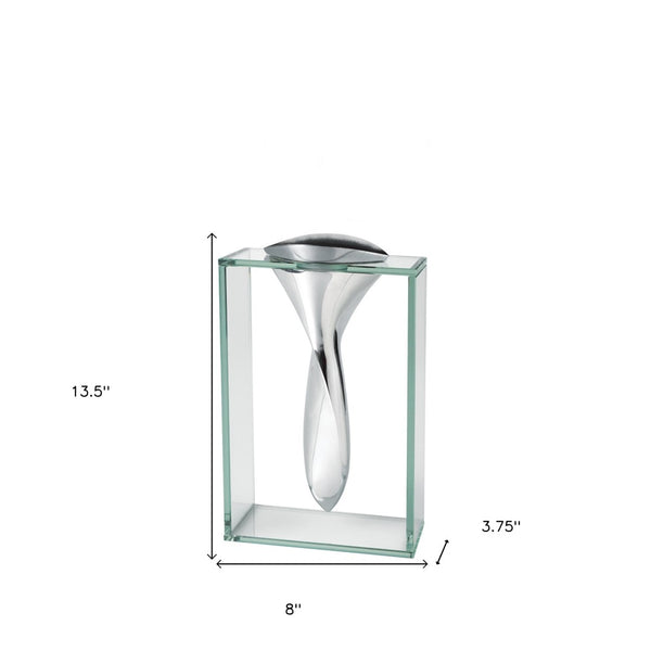 HomeRoots 14" Clear Cylinder Vase - Elegant Crystal Glass & Aluminum Accent for Modern Home Décor & Gifts 375721