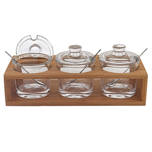 Homeroots 6 Mouth Blown Crystal Jam Set With 3 Glass Jars And Spoons On A Wood Stand   375725