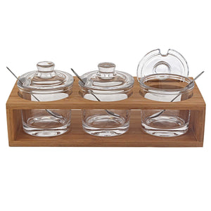 Homeroots 6 Mouth Blown Crystal Jam Set With 3 Glass Jars And Spoons On A Wood Stand   375725