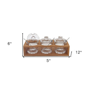 Homeroots 6 Mouth Blown Crystal Jam Set With 3 Glass Jars And Spoons On A Wood Stand   375725