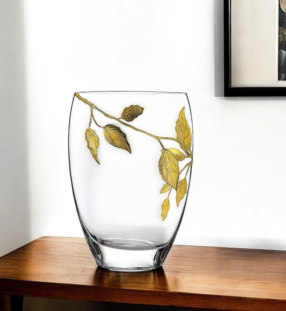 HomeRoots 12" Elegant Oval Crystal Glass Table Vase with Hand-Painted Gold Leaf for Luxurious Decor Accents 375732