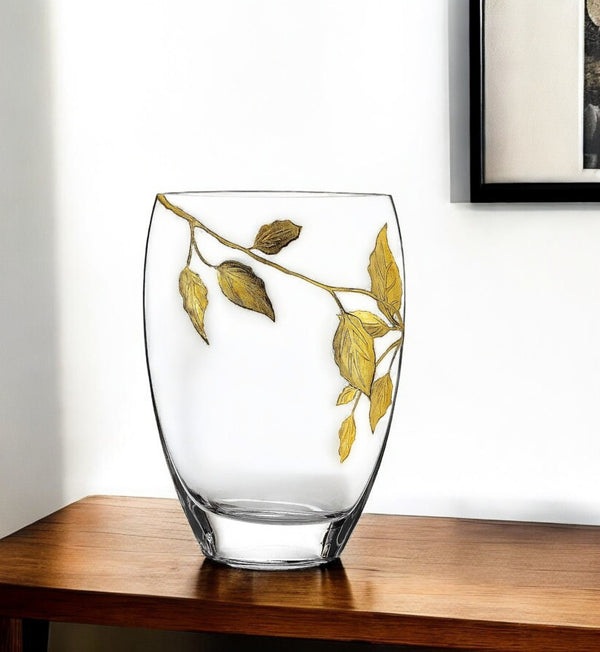HomeRoots 12" Elegant Oval Crystal Glass Table Vase with Hand-Painted Gold Leaf for Luxurious Decor Accents 375732