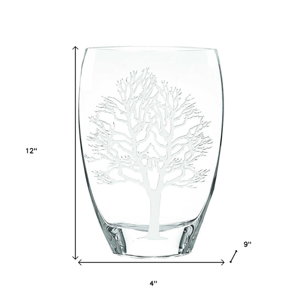 Homeroots 12 Mouth Blown Frosted Crystal European Made Tree Of Life Vase  Lead Free Crystal 375736