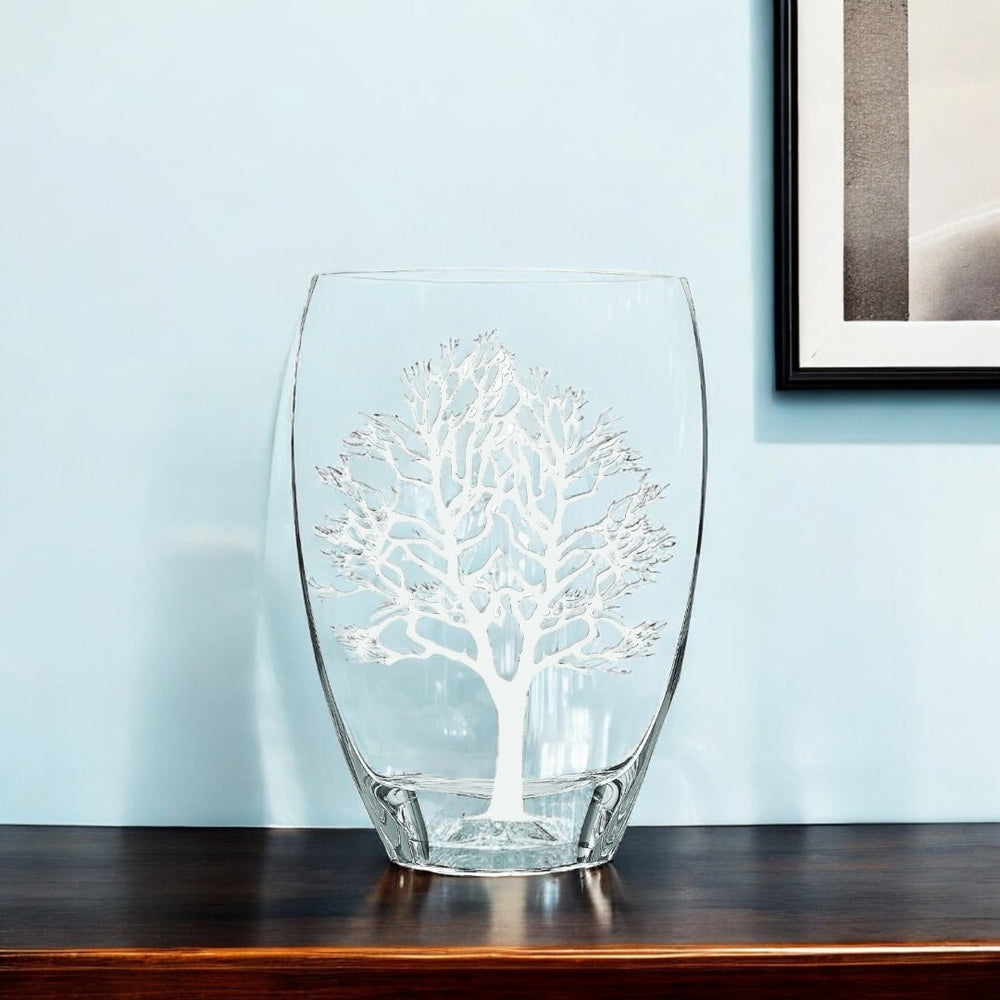 HomeRoots 12" Elegant Lead-Free Crystal Table Vase with Frosted Tree of Life Motif for Modern Décor 12 inches 375736