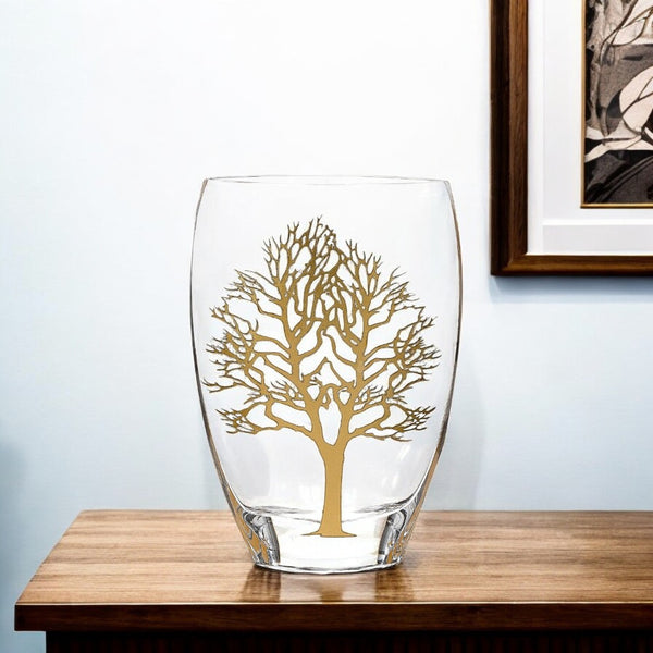 HomeRoots 12" Elegant Lead-Free Crystal Table Vase with Frosted Tree of Life Motif for Modern Décor 12 inches 375737