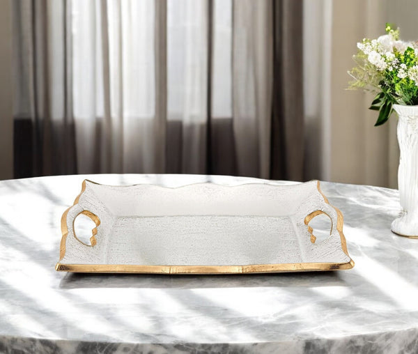Homeroots 11" Clear And Gold Seeded Glass Serving Tray – Elegant Handcrafted Design With Scalloped Edge & Handles   375752