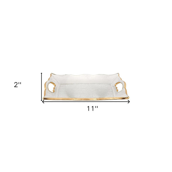 Homeroots 11" Clear And Gold Seeded Glass Serving Tray – Elegant Handcrafted Design With Scalloped Edge & Handles   375752