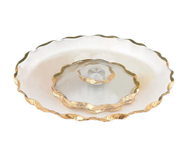 Homeroots 13" Clear And Gold Round Glass Hand Finished Lazy Susan   375756