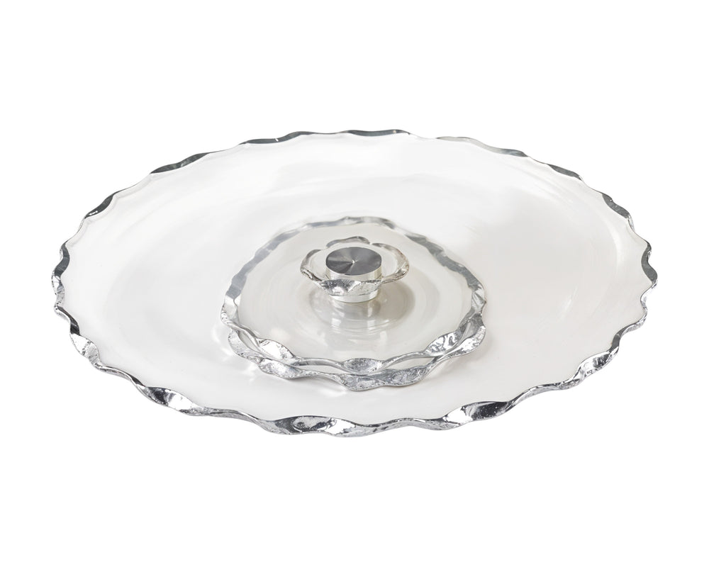 Homeroots 13" Clear And Silver Round Glass Hand Finished Lazy Susan   375757