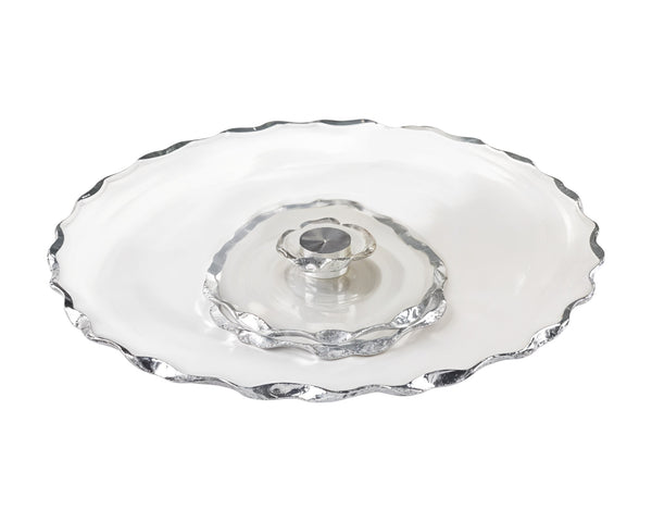 Homeroots 13" Clear And Silver Round Glass Hand Finished Lazy Susan   375757