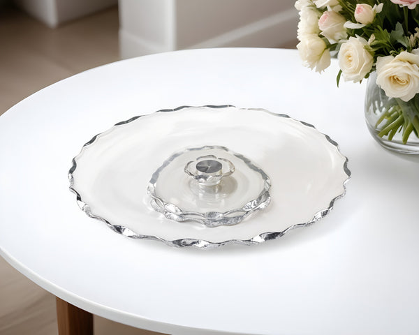 Homeroots 13" Clear And Silver Round Glass Hand Finished Lazy Susan   375757