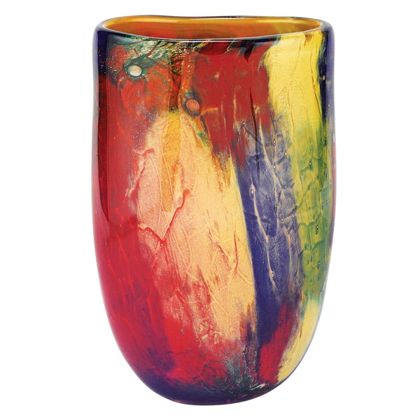 HomeRoots 11" Vibrant Murano Glass Vase - Abstract Oval Design in Red, Purple, Yellow for Modern Elegance 375772