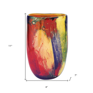HomeRoots 11" Vibrant Murano Glass Vase - Abstract Oval Design in Red, Purple, Yellow for Modern Elegance 375772