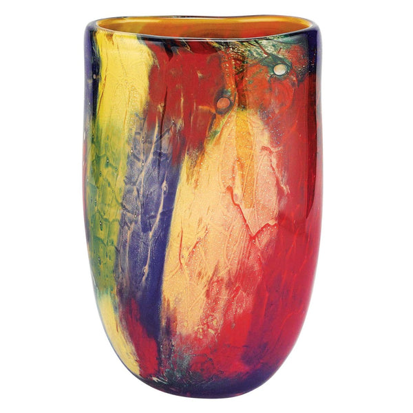 HomeRoots 11" Vibrant Murano Glass Vase - Abstract Oval Design in Red, Purple, Yellow for Modern Elegance 375772
