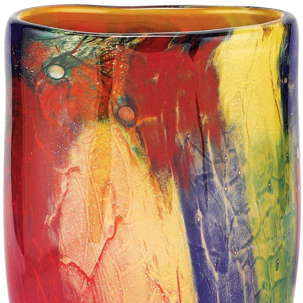 HomeRoots 11" Vibrant Murano Glass Vase - Abstract Oval Design in Red, Purple, Yellow for Modern Elegance 375772