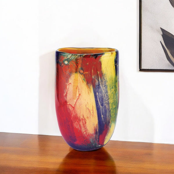 HomeRoots 11" Vibrant Murano Glass Vase - Abstract Oval Design in Red, Purple, Yellow for Modern Elegance 375772