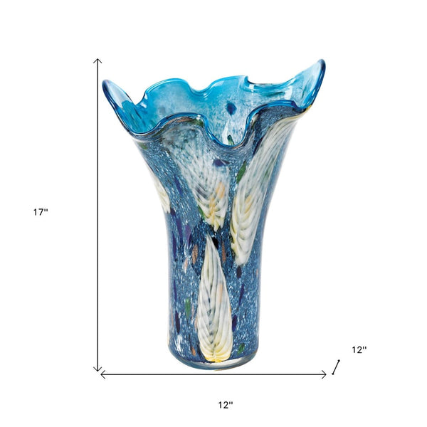 HomeRoots 17" Elegant Blue and Green Cylinder Crystal Glass Vase - Timeless Design for Modern Décor Display 375773