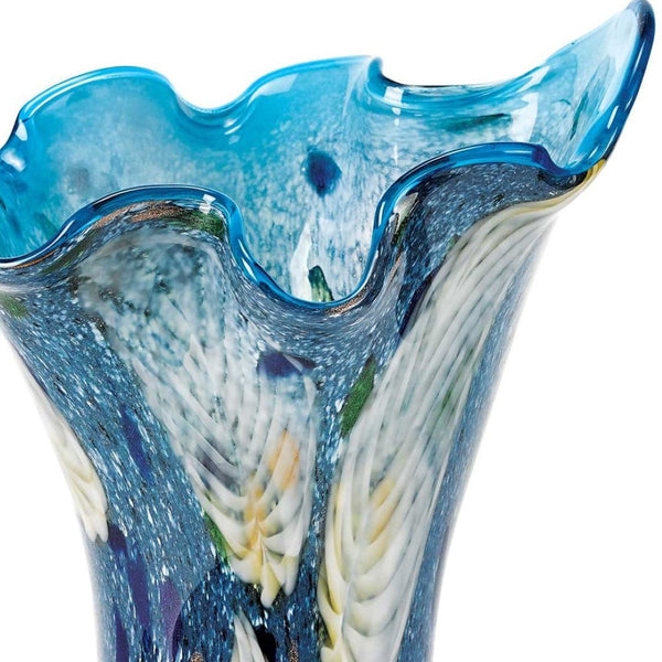 HomeRoots 17" Elegant Blue and Green Cylinder Crystal Glass Vase - Timeless Design for Modern Décor Display 375773