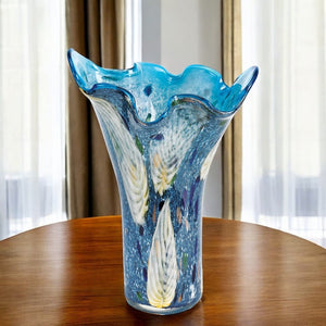 HomeRoots 17" Elegant Blue and Green Cylinder Crystal Glass Vase - Timeless Design for Modern Décor Display 375773