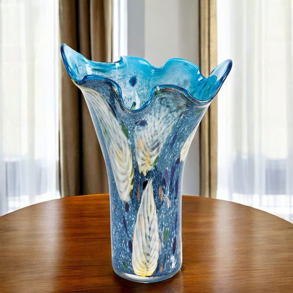HomeRoots 17" Elegant Blue and Green Cylinder Crystal Glass Vase - Timeless Design for Modern Décor Display 375773