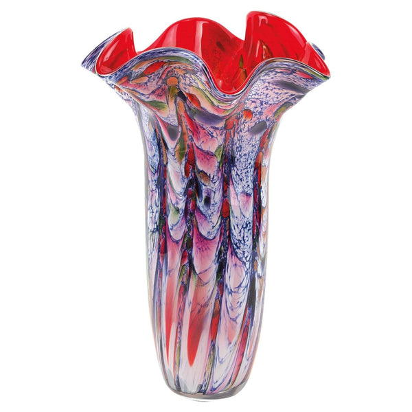 HomeRoots 17" Murano-Style Glass Vase - Striking Blue, Red & White Abstract Design for Elegant Home Decor 375774