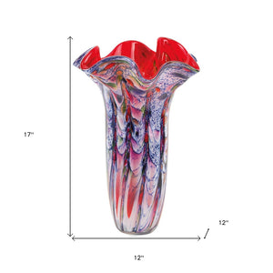 HomeRoots 17" Murano-Style Glass Vase - Striking Blue, Red & White Abstract Design for Elegant Home Decor 375774