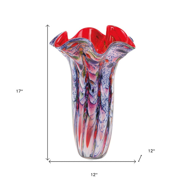 HomeRoots 17" Murano-Style Glass Vase - Striking Blue, Red & White Abstract Design for Elegant Home Decor 375774