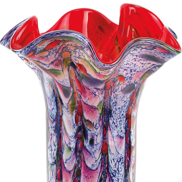 HomeRoots 17" Murano-Style Glass Vase - Striking Blue, Red & White Abstract Design for Elegant Home Decor 375774