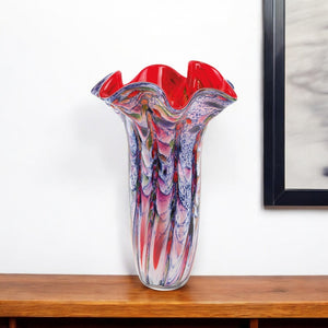 HomeRoots 17" Murano-Style Glass Vase - Striking Blue, Red & White Abstract Design for Elegant Home Decor 375774