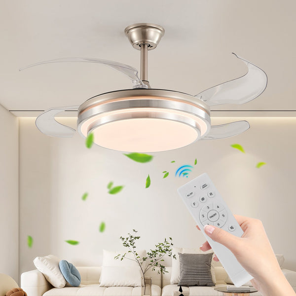 English Elm 42 Modern 3-Tier LED Ceiling Fan with Remote, Retractable Blades, 6-Speed DC Motor, Brushed Nickel Finish W1340P272388