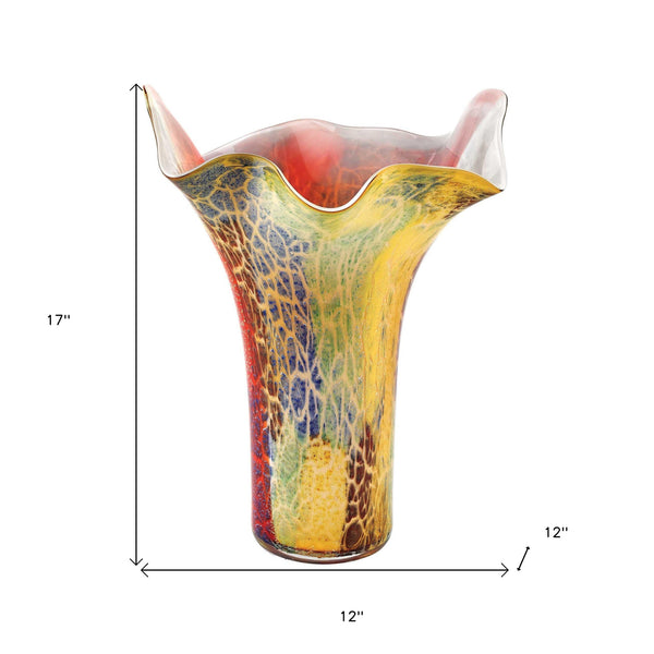 Homeroots 17" Red And Yellow Glass Abstract Novelty Table Vase  Glass 375776