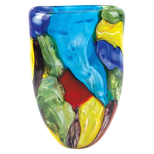 HomeRoots 11" Murano-Style Glass Vase in Vibrant Blue, Green, Red & Yellow - Unique Artful Centerpiece for Home 375777