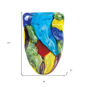 HomeRoots 11" Murano-Style Glass Vase in Vibrant Blue, Green, Red & Yellow - Unique Artful Centerpiece for Home 375777