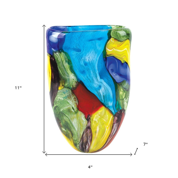 HomeRoots 11" Murano-Style Glass Vase in Vibrant Blue, Green, Red & Yellow - Unique Artful Centerpiece for Home 375777